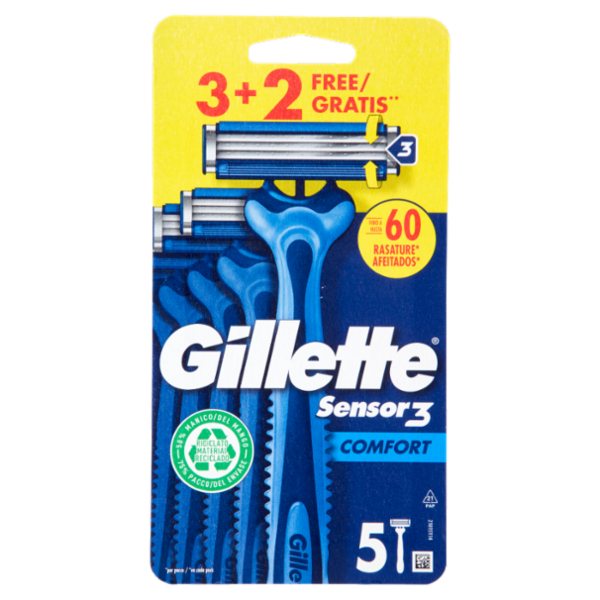 Gillette Sensor 3 Comfort Rasoio da Uomo Usa e Getta, 3 Rasoi + 2 Gratis