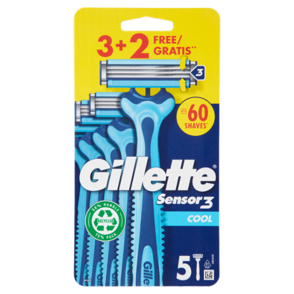 Gillette Sensor 3 Cool Rasoio da Uomo Usa e Getta, 3 Rasoi + 2 Gratis