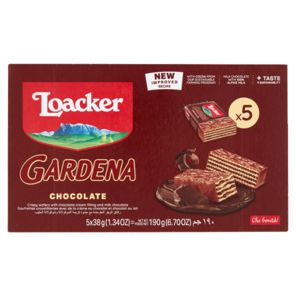 Loacker Gardena Chocolate Wafer con crema cioccolato ricoperto di cioccolato al latte Wafers 38gx5