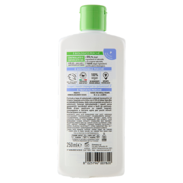 I Provenzali Bio Shampoo Biologico Aloe e Avena Emolliente Capelli Normali 250 ml