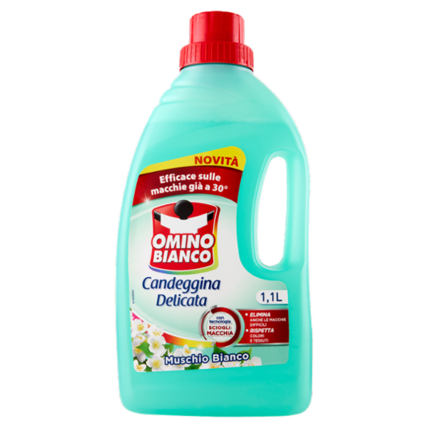 Omino Bianco, Candeggina Delicata, Elimina le Macchie e rispetta Colori, Muschio Bianco, 1100ml