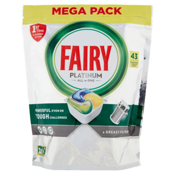 Fairy Platinum Pastiglie Lavastoviglie 43 Caps, Detersivo Limone