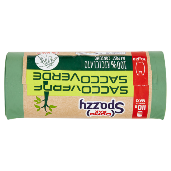 Domopak Spazzy Sacco Verde 100% Riciclato da Post-Consumo con Manici 110 lt 70x120 cm 10 pz