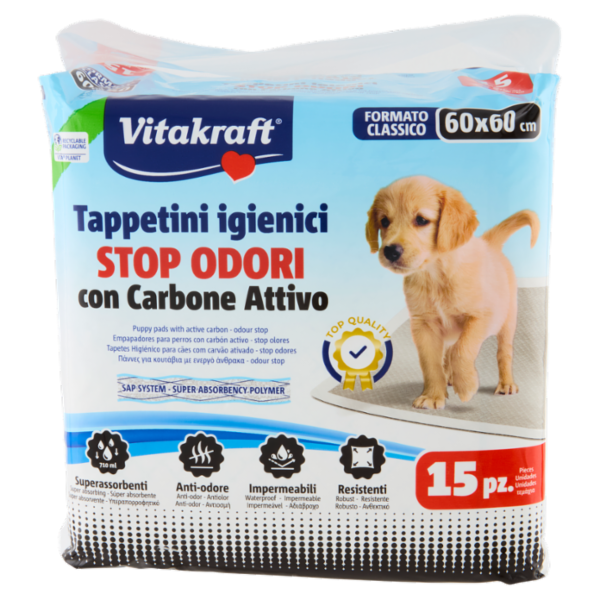 Vitakraft Tappetini igienici Stop Odori con Carbone Attivo Misura 60x60 cm. 15 pz