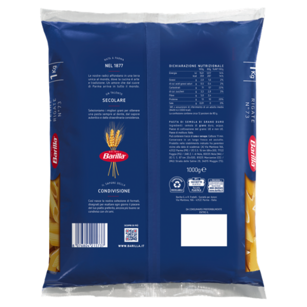 Barilla Pasta Penne Rigate n.73 100% Grano Italiano CELLO 1 Kg
