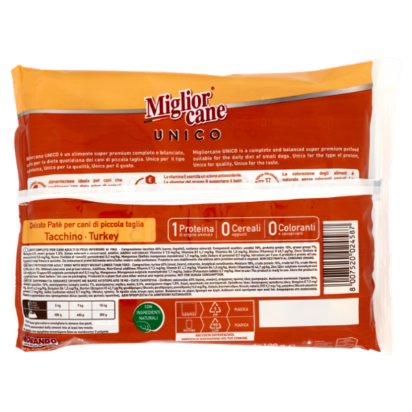 Migliorcane Unico Delicato Patè Tacchino per Cani Adulti <10 kg Piccola Taglia 4 x 100 g