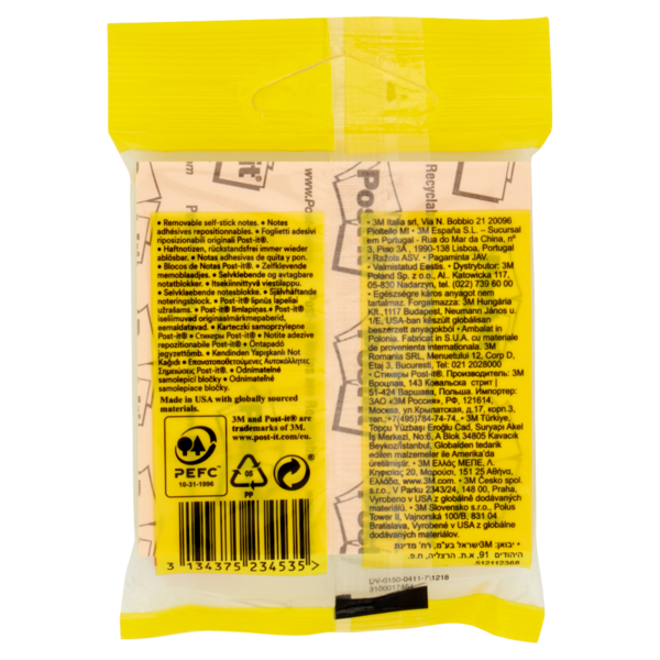 Post-it Notes Giallo 76 mm x 76 mm 100 foglietti 1 pz