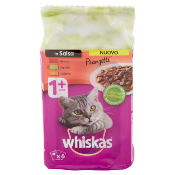 Whiskas Pranzetti Cibo Umido Gatto in Salsa 1+ Anni Manzo Agnello Pollame 6 x 50 g