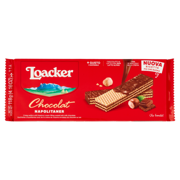 Loacker Wafer Chocolat ricoperti cioccolato al latte con crema alla nocciola Napolitaner wafers 118g