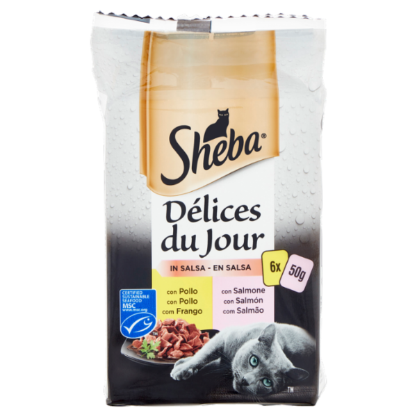 Sheba Délices du Jour in Salsa Cibo Umido Gatto con Pollo e Salmone 6 x 50 g