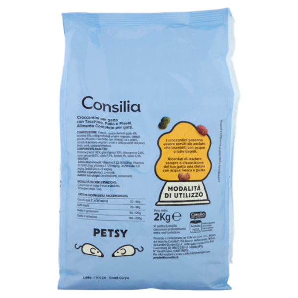 Consilia Petsy Gatto Croccantini con Tacchino, Pollo e Piselli 2 kg