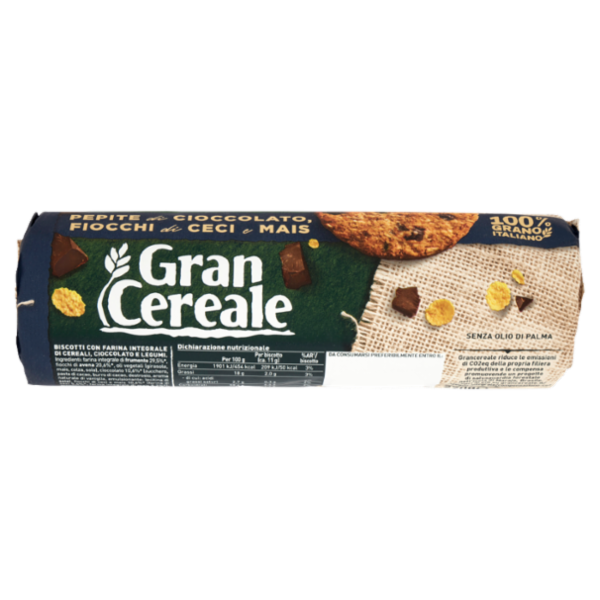 Gran Cereale Biscotti Gran Cereale Pepite di Cioccolato e Fiocchi di Ceci e Mais Tubo 270 g