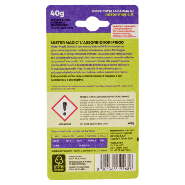 mister Magic l'Assorbiodori Frigo con Estratti di Limone 40 g