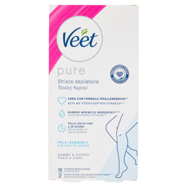 Veet Pure Strisce Depilatorie Corpo e Gambe, Ipoallergeniche, Confezione da 16 Strisce