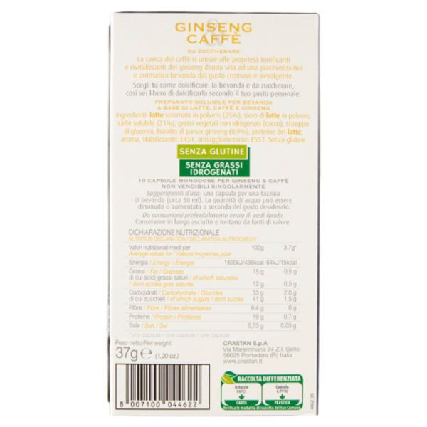 Crastan Ginseng & Caffè da Zuccherare 10 Capsule Compatibili con Macchine Nespresso 10 x 3,7 g