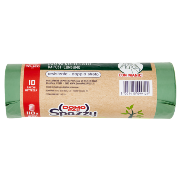 Domopak Spazzy Sacco Verde 100% Riciclato da Post-Consumo con Manici 110 lt 70x120 cm 10 pz