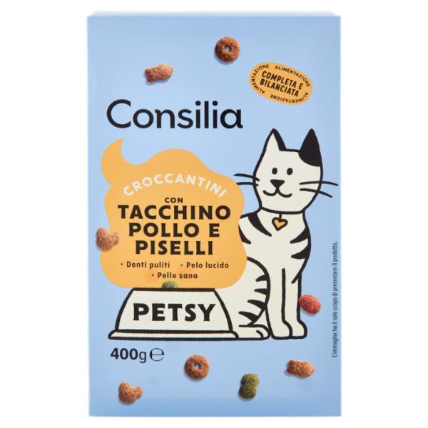 Consilia Petsy Gatto Croccantini con Tacchino, Pollo e Piselli 400 g