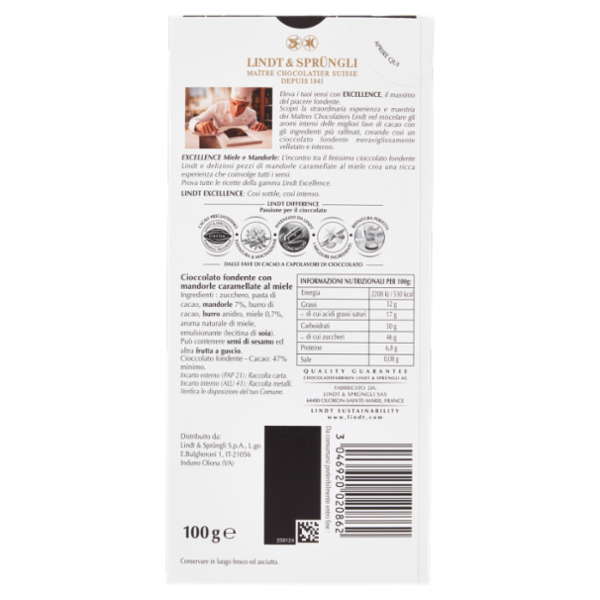 Lindt Excellence Tavoletta Cioccolato Fondente Miele e Mandorle 100 g