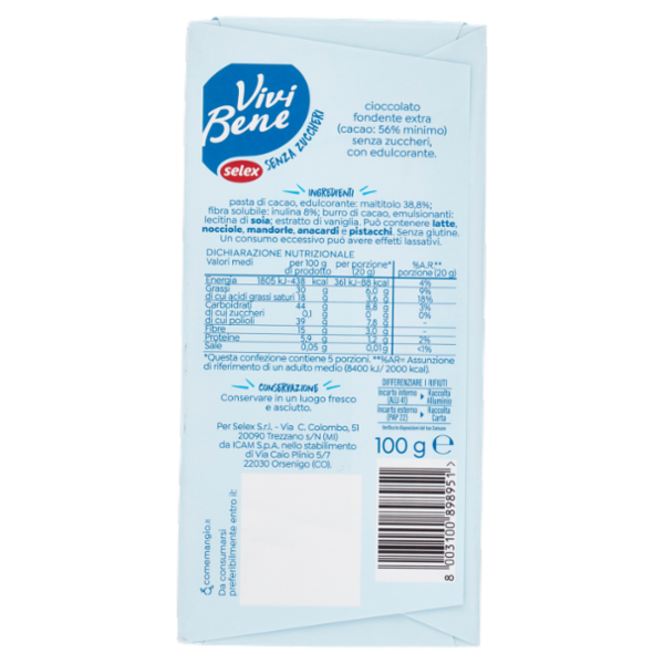 Selex Vivi Bene Cioccolato Fondente Extra Senza Zuccheri 100 g