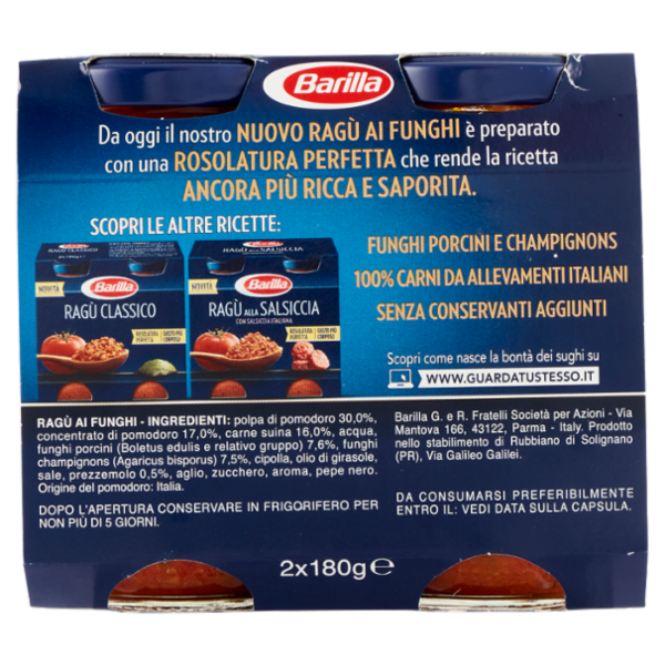 Barilla Sugo Ragù ai Funghi Condimento per Pasta 180gX2