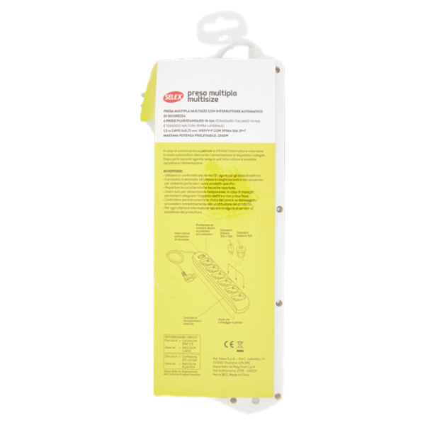 Selex Presa Multipla 6 uscite Pluristandard 10A Inter.Sicurezza+Cavo 1,5 m Sp. S/Spazio 90° Bianco