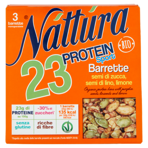 Náttúra 23 Protein Sport Barrette semi di zucca, semi di lino, limone Bio 3 x 25 g