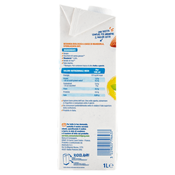 BJORG Mandorla Bevanda Vegetale Biologica, Senza Glutine, Prodotto in Italia, 1L