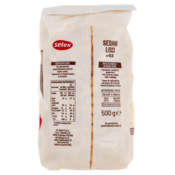 Selex Pasta di Semola Trafilata al Bronzo Sedani Lisci 500 g