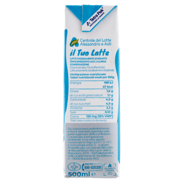 Centrale del Latte Alessandria e Asti il Tuo Latte a Lunga Conservazione Parzialmente Scremato 500ml