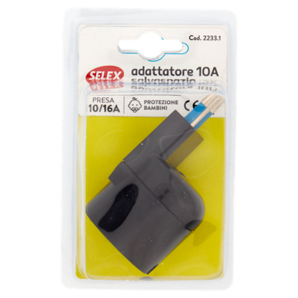 Selex Adattatore Semplice Salvaspazio Spina 10A + 1 Presa Bivalente 10-16A(Ted) Nero