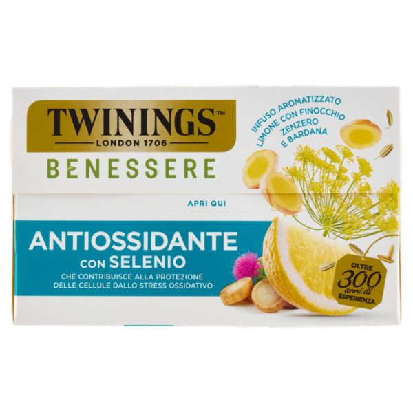 Twinings Benessere Antiossidante Infuso Aromatizzato Limone con Finocchio, Zenzero e Bardana 18 x 2g