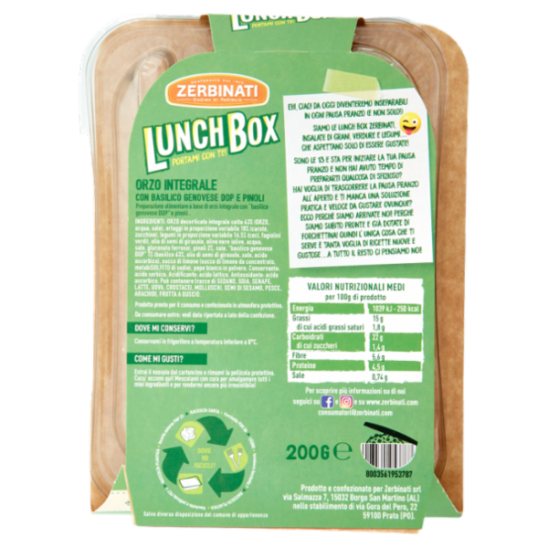 Zerbinati Lunch Box Orzo Integrale con Basilico Genovese DOP e Pinoli 200 g