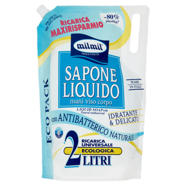 milmil Sapone Liquido con Antibatterico Naturale Ricarica Universale Ecologica 2 Litri