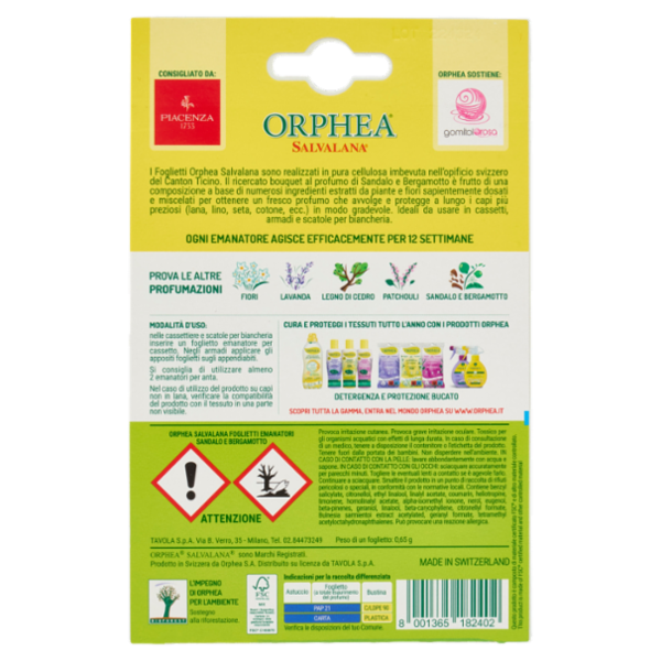 Orphea Salvalana Foglietti per Casetti e Armadi al Profumo di Sandalo e Bergamotto 12 pz