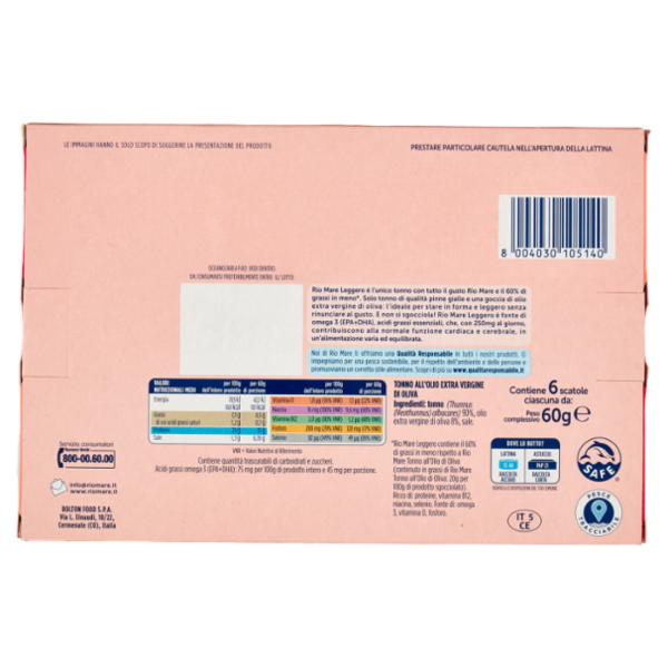 Rio mare Tonno all'Olio Extra Vergine di Oliva Leggero 6 x 60 g