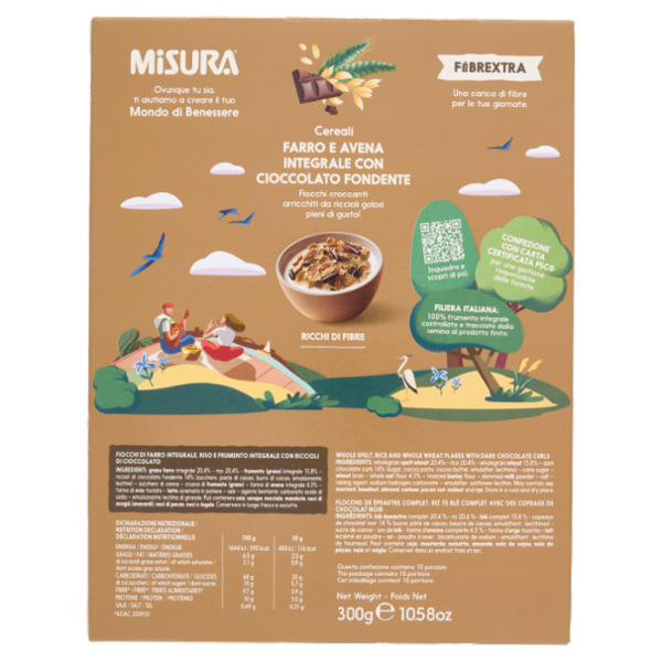 Misura Fibrextra Cioccolato Fondente al 72%, Farro Integrale, Riso e Avena 300 g