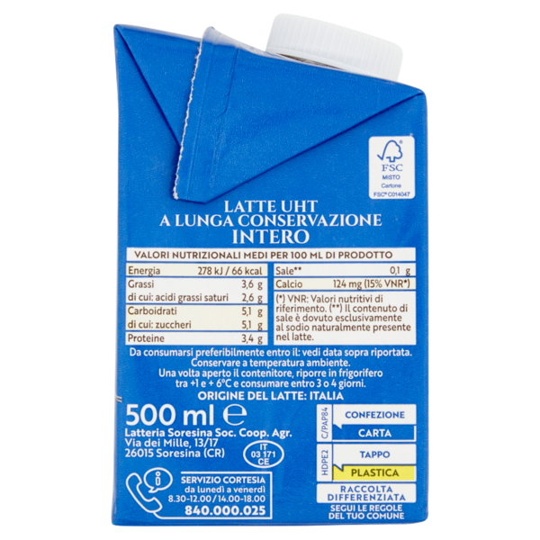Latteria Soresina Latte Soresina Intero UHT a Lunga Conservazione 500 ml