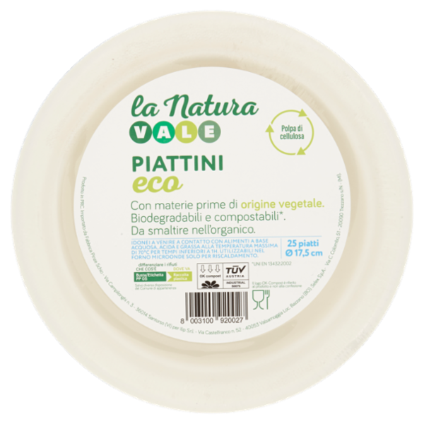Vale La Natura Piattini Piani in Polpa di Cellulosa Biodegradabili e Compostabili 25 pezzi
