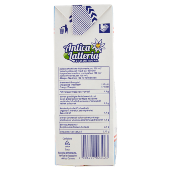 Antica Latteria di Montagna Latte Parzialmente Scremato UHT a Lunga Conservazione 1 Litro