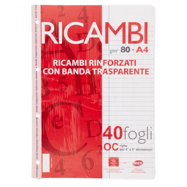Selex Ricambio Bianco Quaxima Formato A4 40 Fogli Rinforzati 80 g Riga Unica con Margine