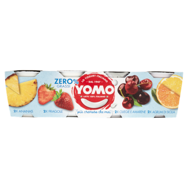 Yomo Yogurt Zero% Grassi Ananas, Fragole, Ciliegie e Amarene, Agrumi di Sicilia 8 x 125 g