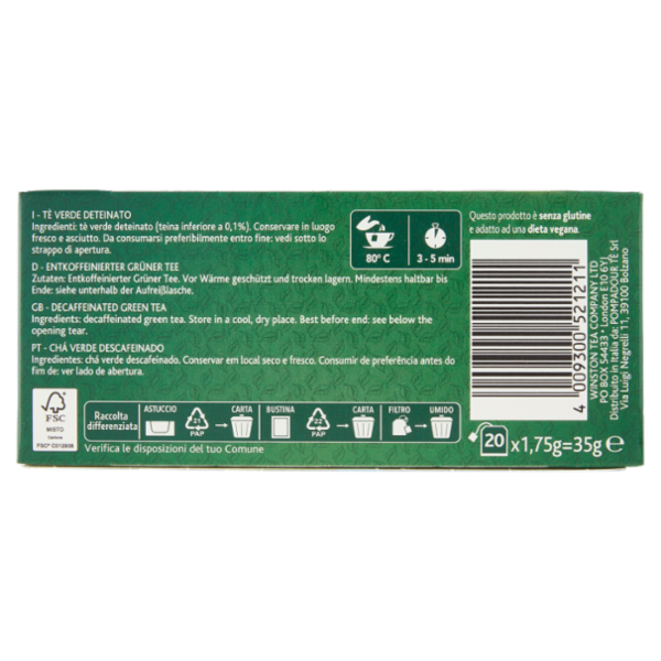 Sir Winston Tea Tè Verde Deteinato 20 x 1,75 g