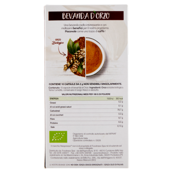 foodNess Bevanda d'Orzo Bio Compostabile Nespresso Compatibile 10 x 2 g