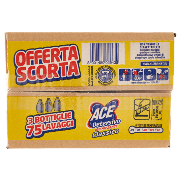 Ace Detersivo Liquido Classico Igienizzante 3 x 25 Lavaggi 3 x 1375 ml