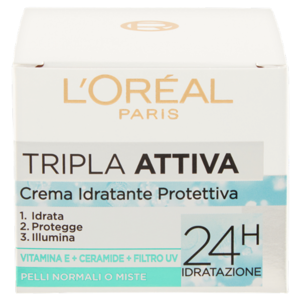 L'Oréal Paris Tripla Attiva Crema Idratante Viso, per Pelli Normali e Miste, 50 ml