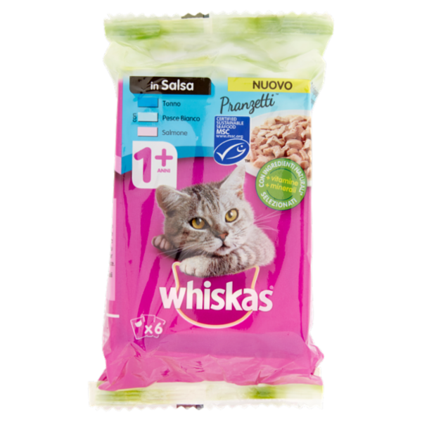 Whiskas Pranzetti Cibo Umido Gatto in Salsa 1+ Anni con Tonno Pesce Bianco Salmone 6 x 50 g