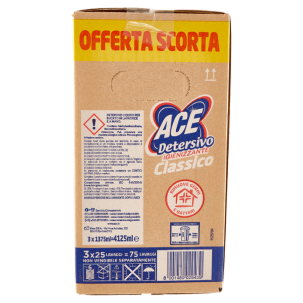 Ace Detersivo Liquido Classico Igienizzante 3 x 25 Lavaggi 3 x 1375 ml