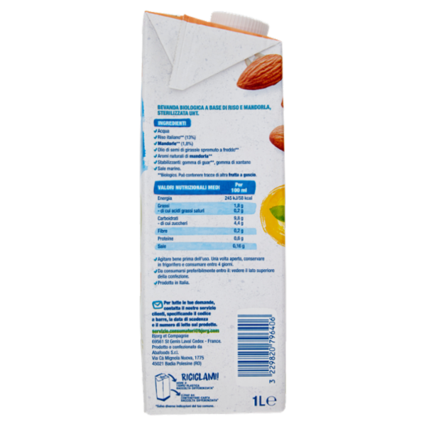 Bjorg Riso e Mandorla Bevanda Vegetale Biologica, Senza Zuccheri Aggiunti, Prodotto in Italia, 1L