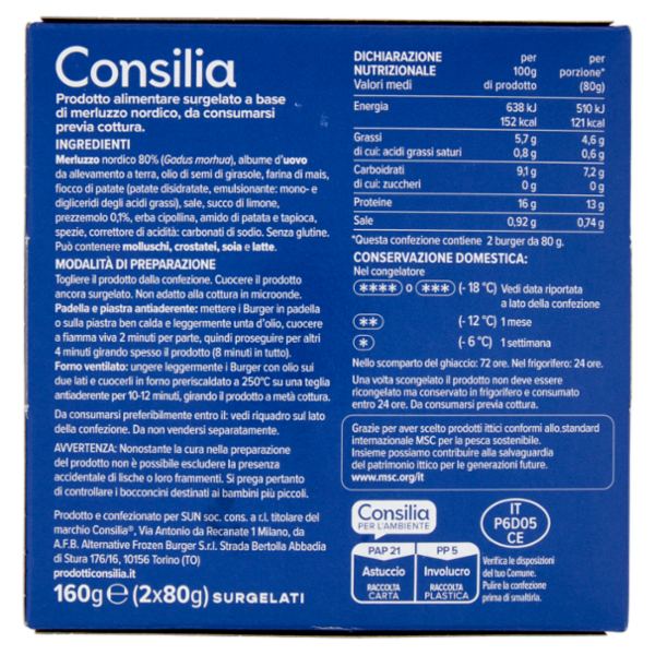 Consilia Fish Burger di Merluzzo Nordico Surgelato 2x80 g