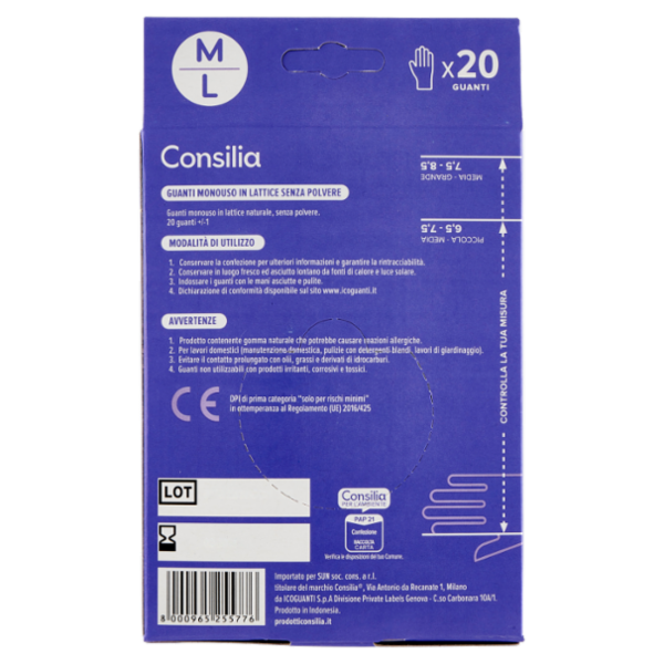 Consilia Guanti Monouso in Lattice Naturale senza Polvere Taglia M/L 20 pz